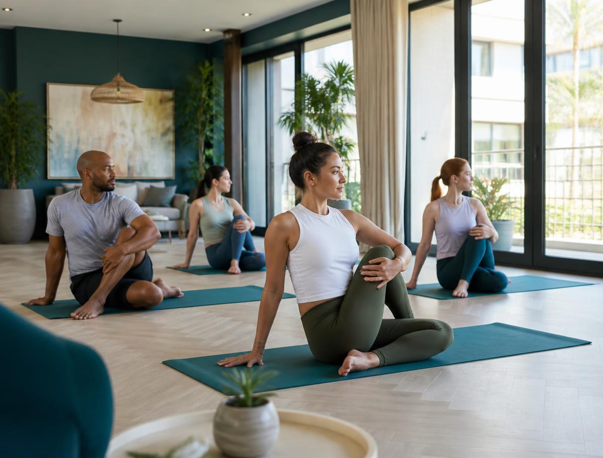 Small group stretching together in a bright residential amenity space