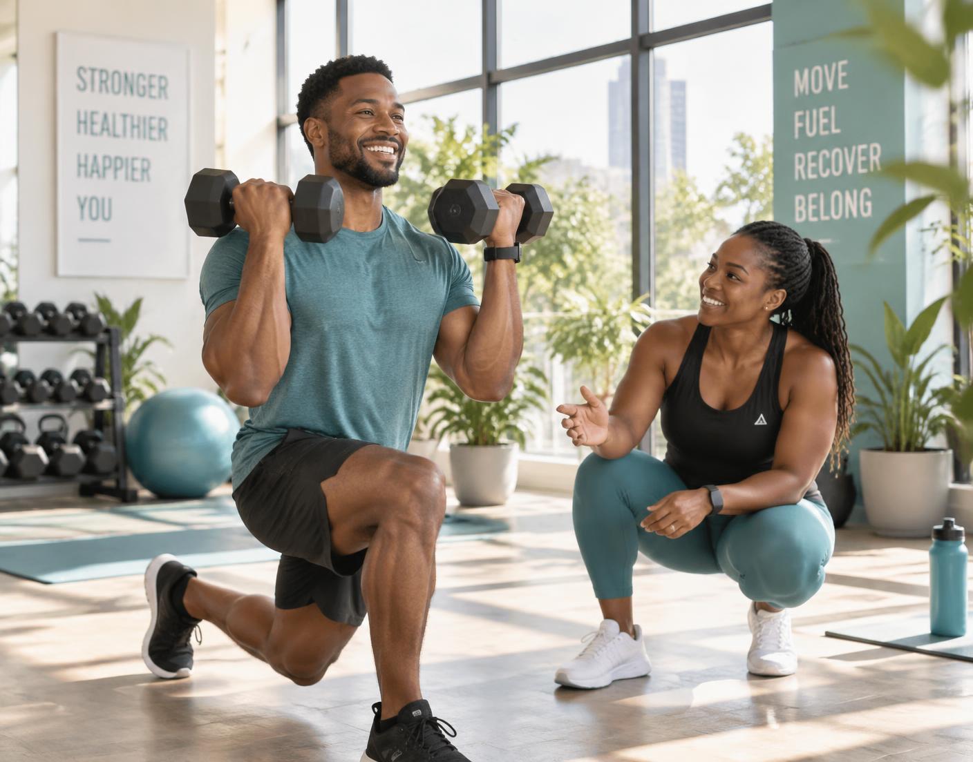 Personal trainer coaching a client through a dumbbell lunge in a bright studio